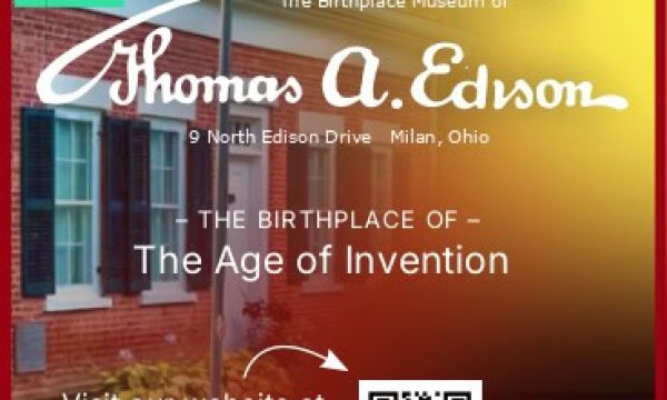 Poster for The Birthplace Museum of Thomas A. Edison in Milan, Ohio, with address, QR code, and a 'Visit our website' URL; includes Travelers Choice 2023 badge and social icons.